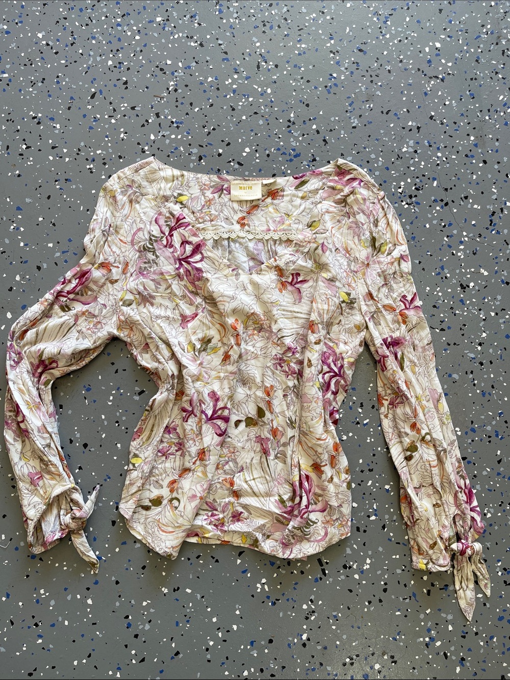 Maeve Cream Floral Tie-Sleeve Blouse with Pink Accents